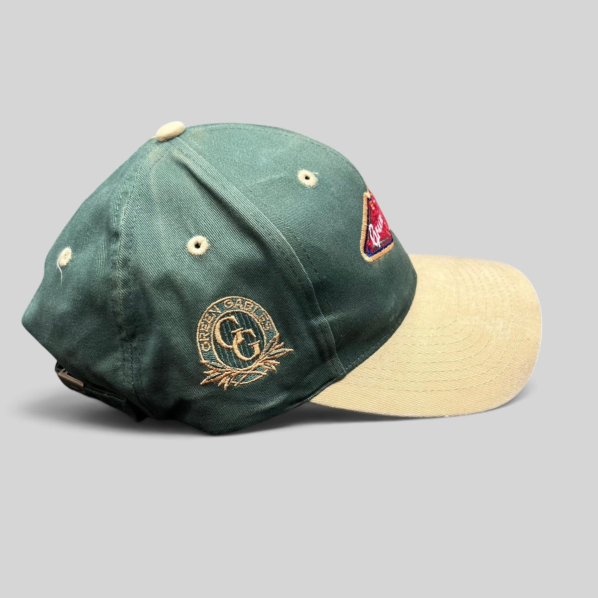 Raree Finds vintage Ahead Headgear strapback hat in forest green and khaki with Green Gables Pub embroidery
