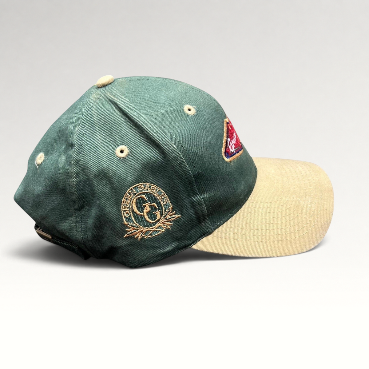 Raree Finds vintage Ahead Headgear strapback hat in forest green and khaki with Green Gables Pub embroidery