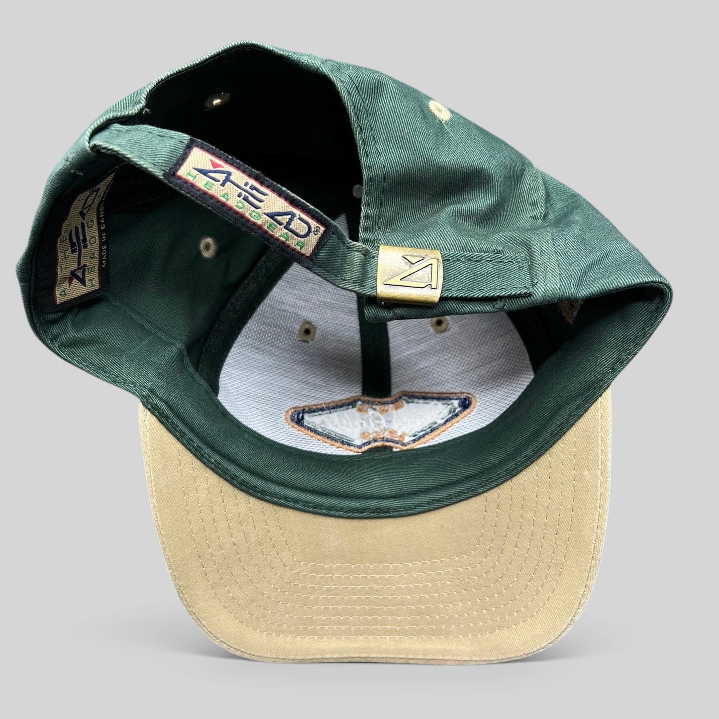 Raree Finds vintage Ahead Headgear strapback hat in forest green and khaki with an embroidered Green Gables Pub patch