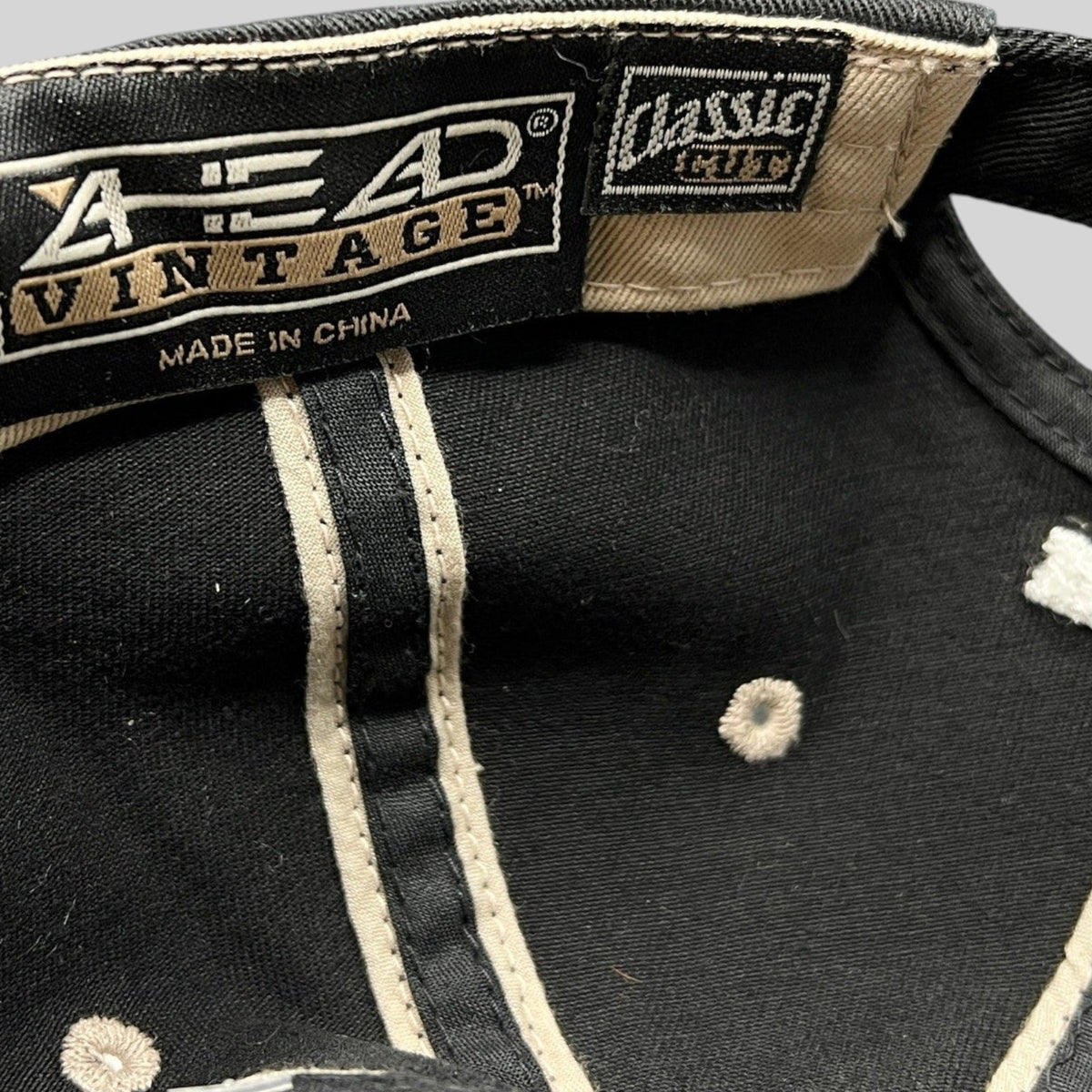 Raree Finds Ahead Vintage classic cut golf cap interior showing branding and beige contrast stitching