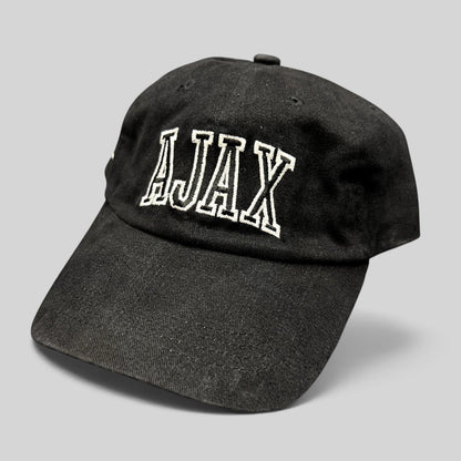 Raree Finds black cotton Aspen Snowmass AJAX strapback hat with white embroidered lettering on the front