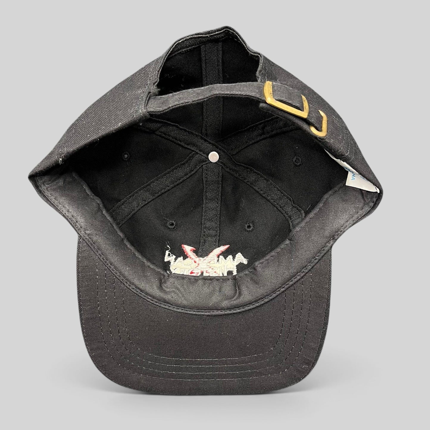 Raree Finds vintage 1998 American History X promotional black cotton snapback hat, interior view with brass buckle