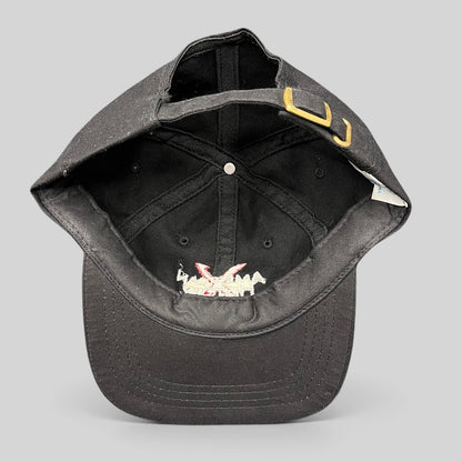 Raree Finds vintage 1998 American History X promotional black cotton snapback hat, interior view with brass buckle