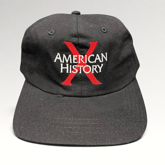 Raree Finds vintage 1998 American History X promotional black cotton snapback hat with red X and white embroidery.