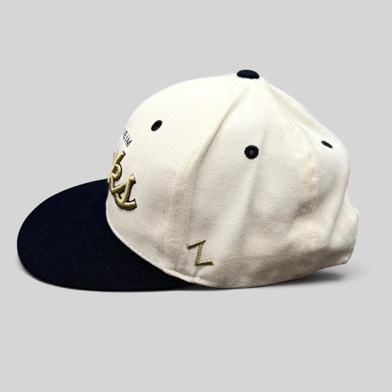 Raree Finds Anaheim Ducks Zephyr snapback hat with white crown, black brim, and gold script embroidery