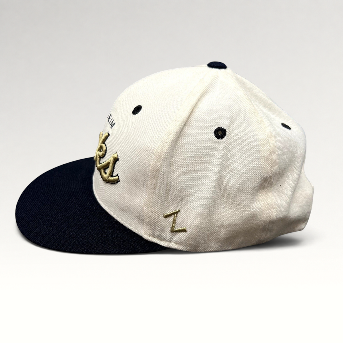 Raree Finds Anaheim Ducks Zephyr snapback hat with white crown, black brim, and gold script embroidery