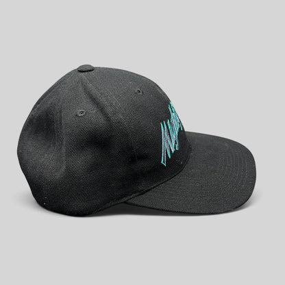 Raree Finds vintage Anaheim Mighty Ducks snapback hat in black with teal and purple script embroidery on a flat bill.