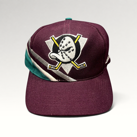 Raree Finds vintage Anaheim Mighty Ducks Apex One snapback hat in purple with teal and silver wave embroidery