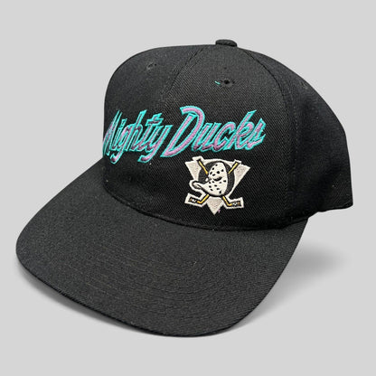 Raree Finds vintage Anaheim Mighty Ducks snapback hat in black with teal and purple script logo and Wild Wing emblem.