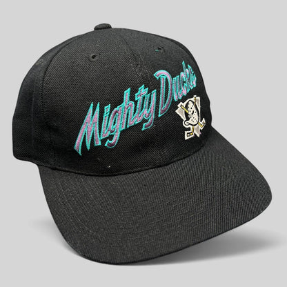 Raree Finds vintage Anaheim Mighty Ducks snapback hat in black with teal and purple script logo and Wild Wing emblem.