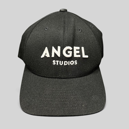 Raree Finds black Flexfit cap with white embroidered Angel Studios logo and structured curved brim