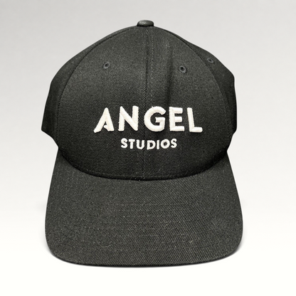 Raree Finds black Flexfit cap with white embroidered Angel Studios logo and structured curved brim