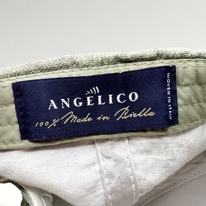 Raree Finds Angelico sage green linen cap interior label showing Made in Biella Italy craftsmanship