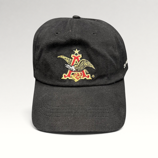 Raree Finds black cotton dad cap featuring an embroidered Anheuser-Busch A and Eagle logo on the front