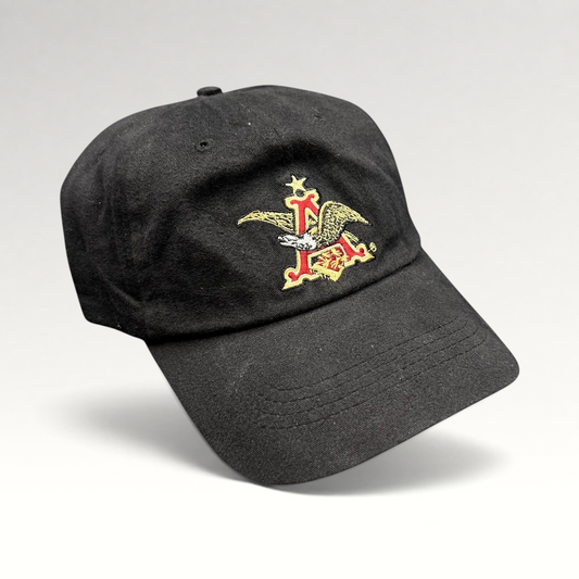 Raree Finds black cotton strapback hat featuring an embroidered Anheuser-Busch A and Eagle logo on the front