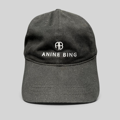 Raree Finds black 100% cotton Anine Bing Sport dad cap with white embroidered AB monogram and logo on the front