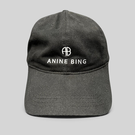 Raree Finds black 100% cotton Anine Bing Sport dad cap with white embroidered AB monogram and logo on the front