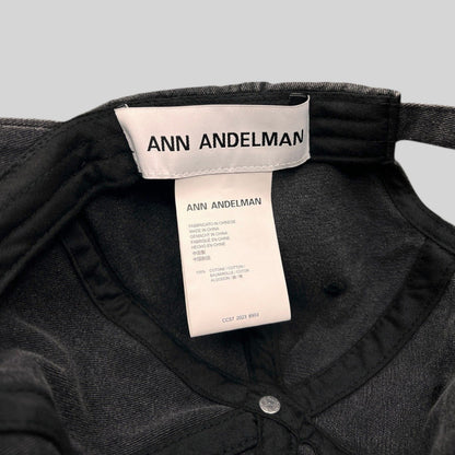 Raree Finds Ann Andelman black denim baseball cap interior showing brand label and 100% cotton care tag