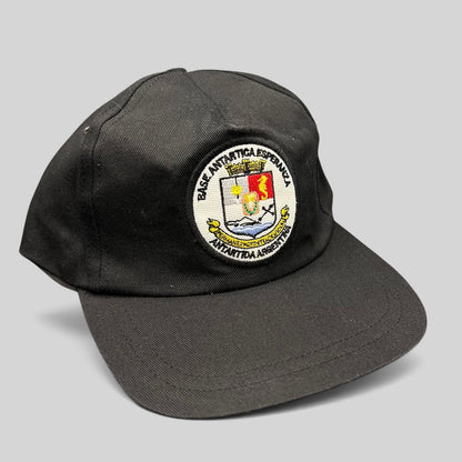 Raree Finds vintage black cotton snapback hat featuring an embroidered Base Antártica Esperanza Argentina crest patch.
