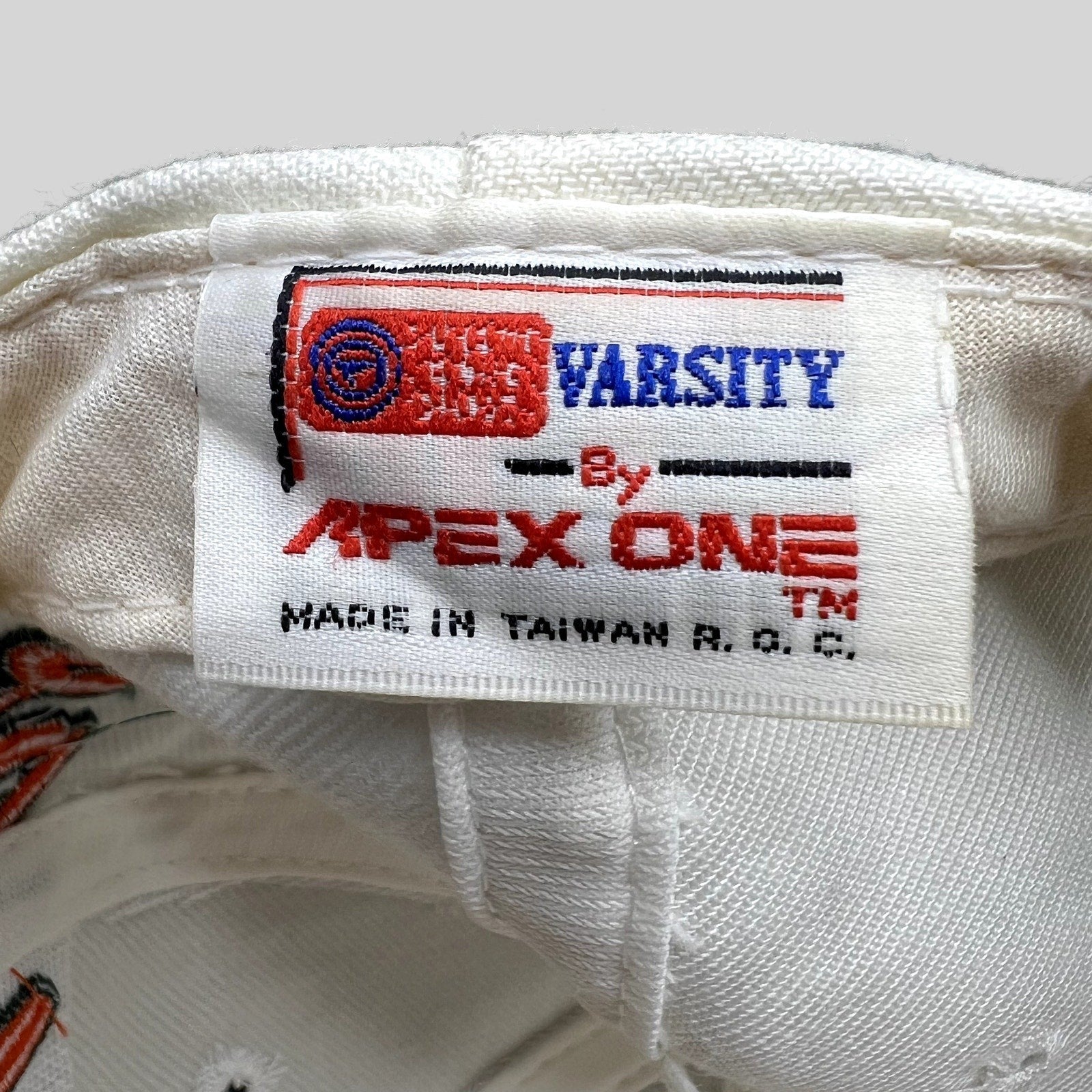 Raree Finds vintage Apex One Varsity hat interior tag showing Made in Taiwan R.O.C. branding