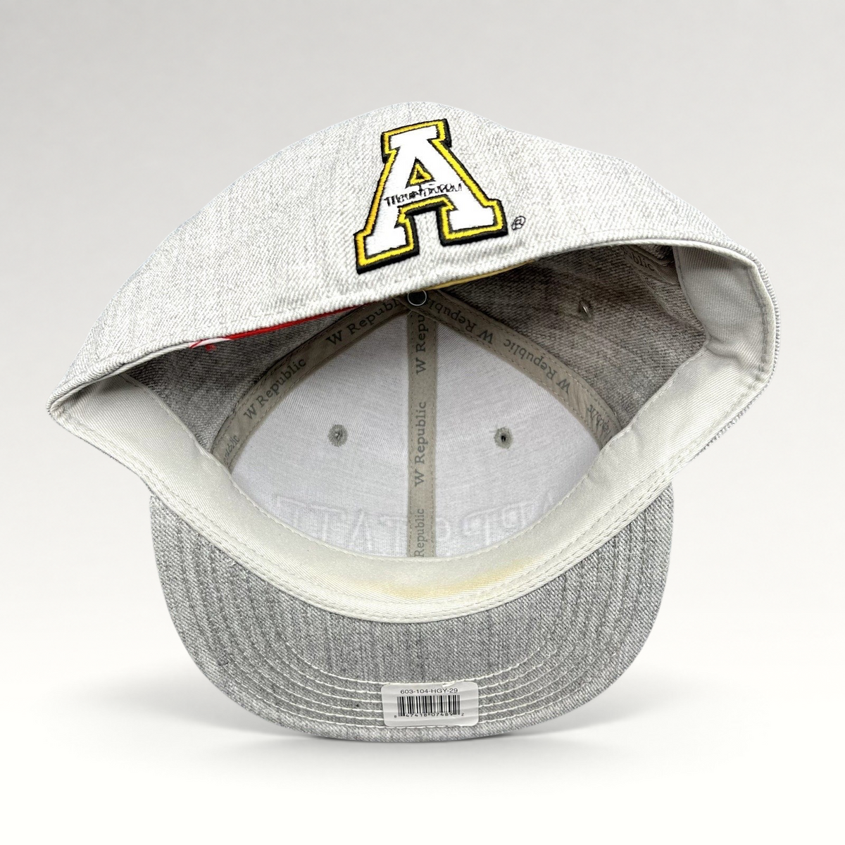 Raree Finds Appalachian State Mountaineers fitted hat interior showing the embroidered A logo on the heather gray crown