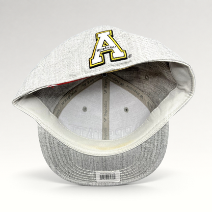 Raree Finds Appalachian State Mountaineers fitted hat interior showing the embroidered A logo on the heather gray crown