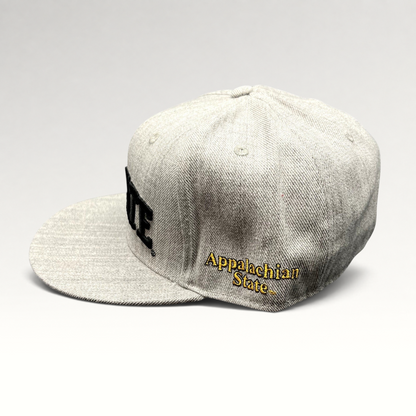 Raree Finds heather gray Appalachian State Mountaineers fitted hat with black front text and yellow side embroidery