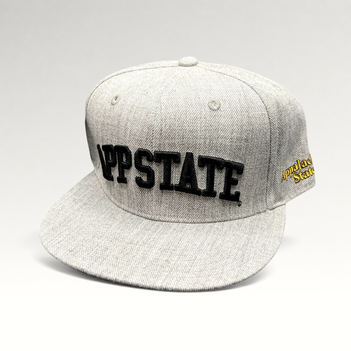 Raree Finds Appalachian State Mountaineers heather gray fitted hat with black APP STATE embroidery and flat brim
