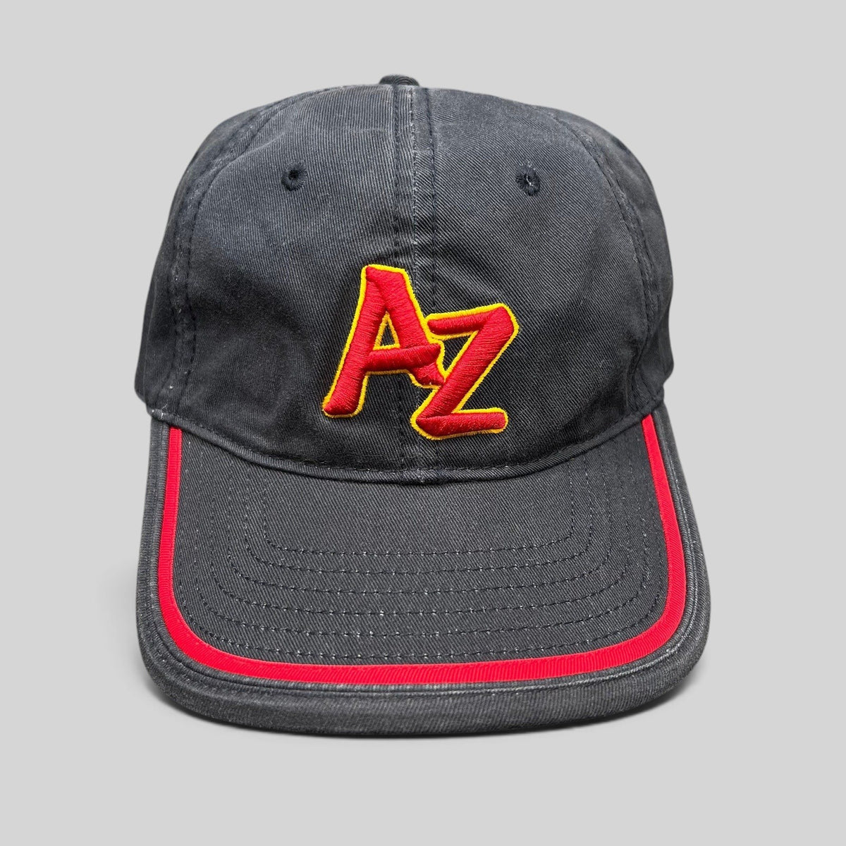 Raree Finds Arizona Iced Tea black strapback cap with raised red AZ logo embroidery and red brim piping