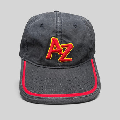 Raree Finds Arizona Iced Tea black strapback cap with raised red AZ logo embroidery and red brim piping