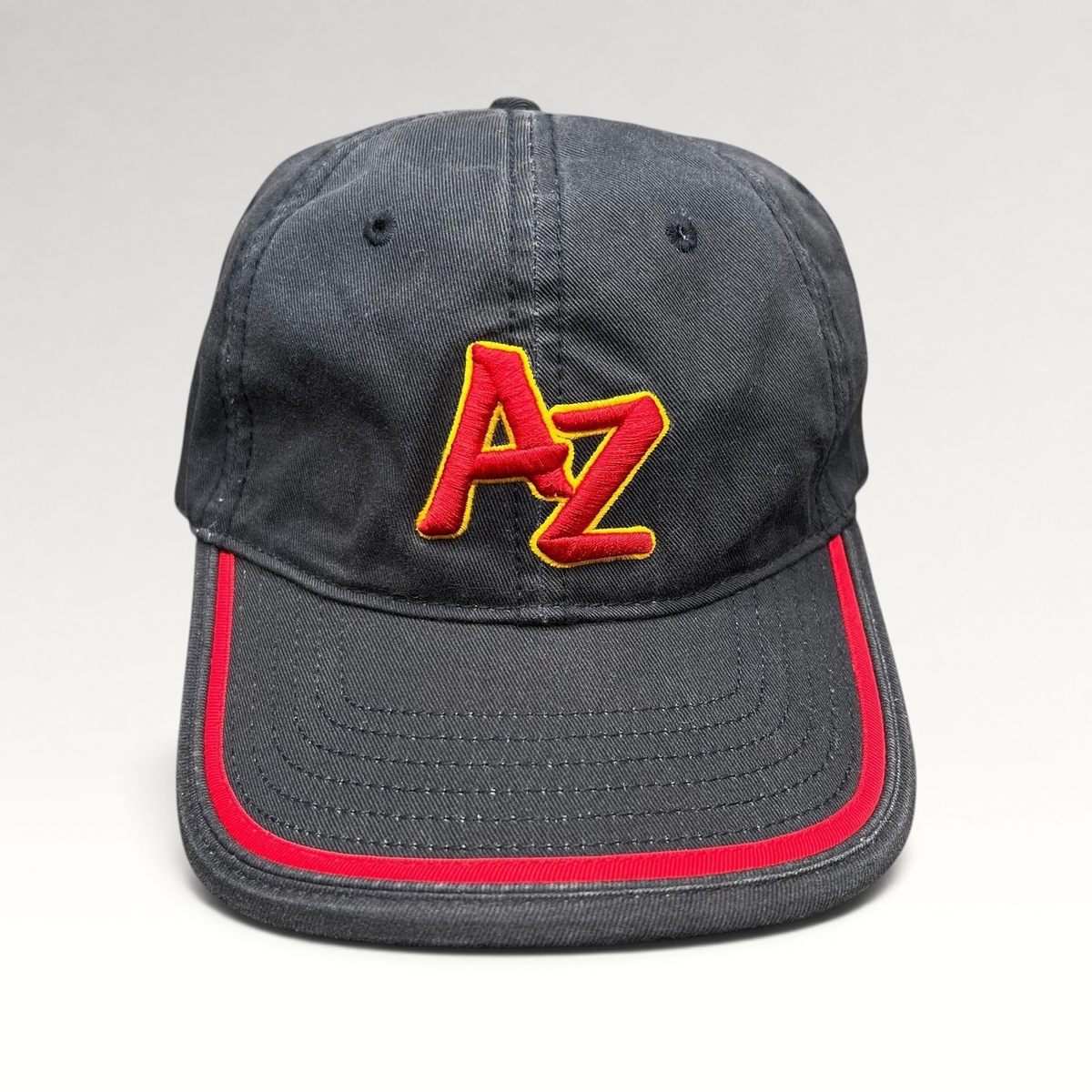 Raree Finds Arizona Iced Tea black strapback cap with raised red AZ logo embroidery and red brim piping