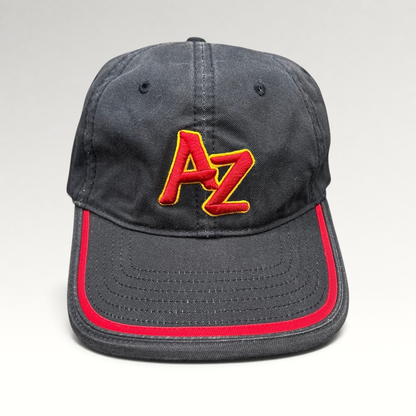 Raree Finds Arizona Iced Tea black strapback cap with raised red AZ logo embroidery and red brim piping