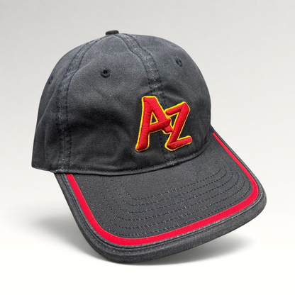 Raree Finds Arizona Iced Tea black strapback hat with raised red and yellow AZ logo embroidery and red brim piping.