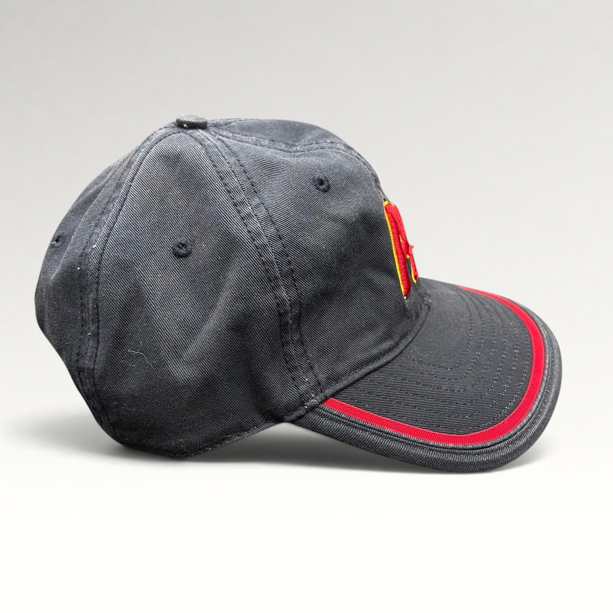 Raree Finds Arizona Iced Tea black strapback hat with raised red AZ logo embroidery and red brim piping