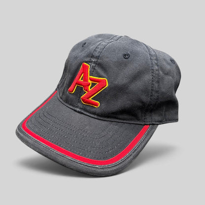 Raree Finds Arizona Iced Tea black strapback hat with raised red AZ logo and yellow outline with red brim piping