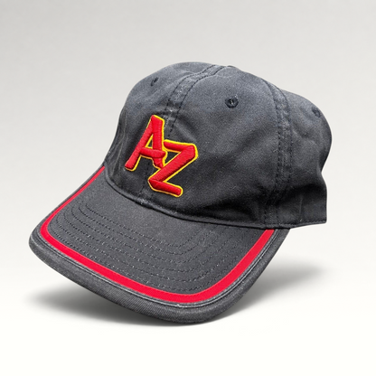 Raree Finds Arizona Iced Tea black strapback hat with raised red AZ logo and yellow outline with red brim piping