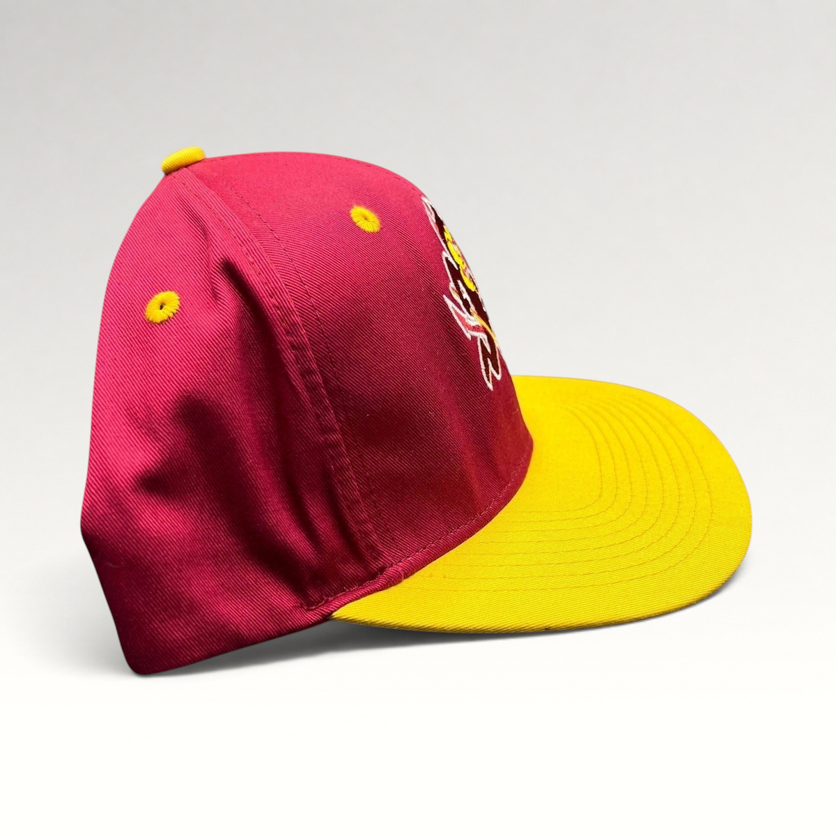 Raree Finds vintage Arizona State Sun Devils snapback hat with maroon crown, gold brim, and Sparky mascot embroidery.