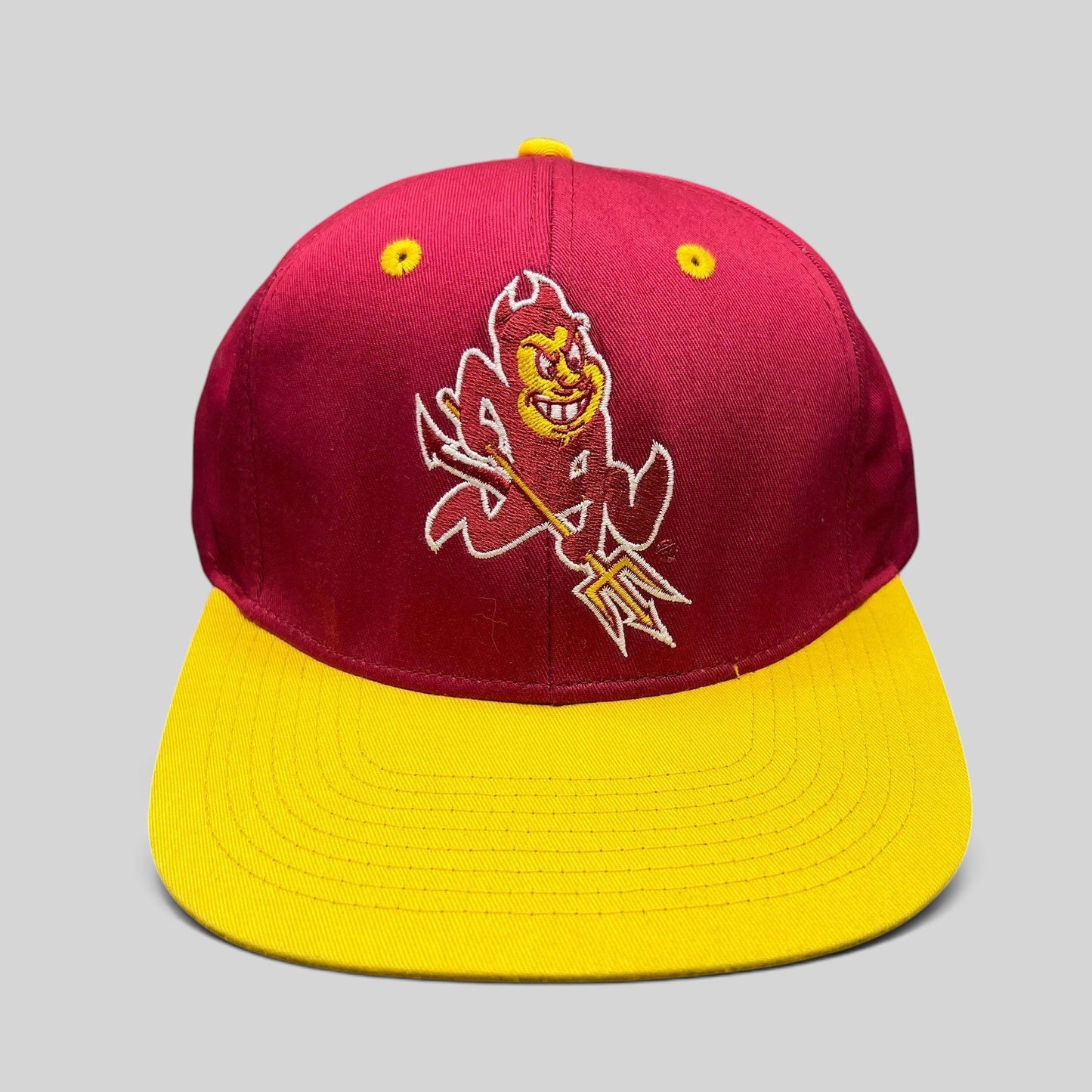 Raree Finds vintage Arizona State Sun Devils snapback hat with maroon crown, gold brim, and Sparky mascot embroidery.
