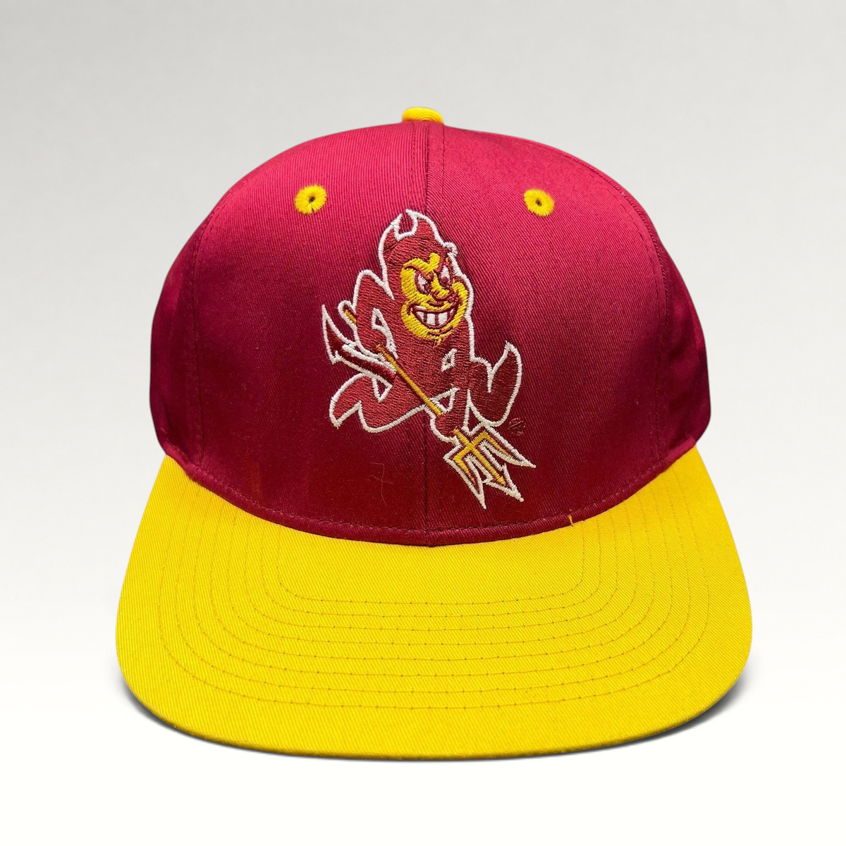Raree Finds vintage Arizona State Sun Devils snapback hat with maroon crown, gold brim, and Sparky mascot embroidery.