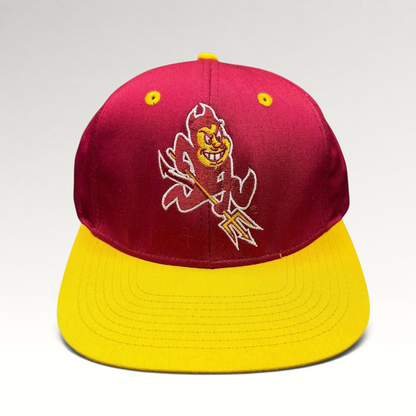 Raree Finds vintage Arizona State Sun Devils snapback hat with maroon crown, gold brim, and Sparky mascot embroidery.