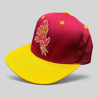 Raree Finds vintage Arizona State Sun Devils snapback hat with maroon crown, gold brim, and Sparky mascot embroidery.