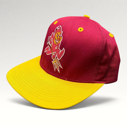 Raree Finds vintage Arizona State Sun Devils snapback hat with maroon crown, gold brim, and Sparky mascot embroidery.