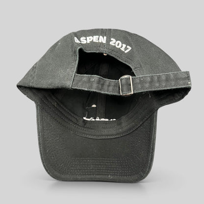 Raree Finds black cotton strapback hat with Aspen 2017 embroidery on the back and adjustable metal buckle closure