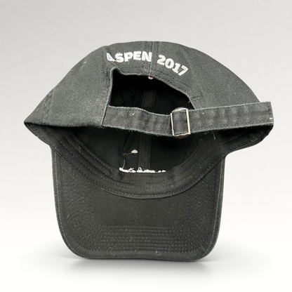 Raree Finds black cotton strapback hat with Aspen 2017 embroidery on the back and adjustable metal buckle closure