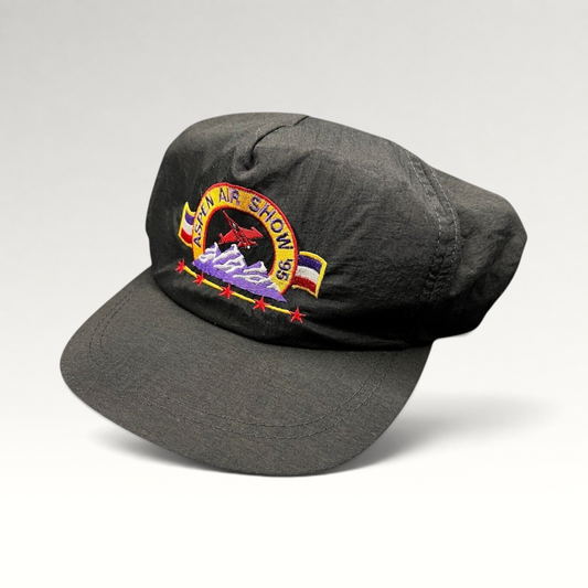 Raree Finds vintage 1995 Aspen Air Show black nylon snapback hat with multicolor jet and mountain embroidery
