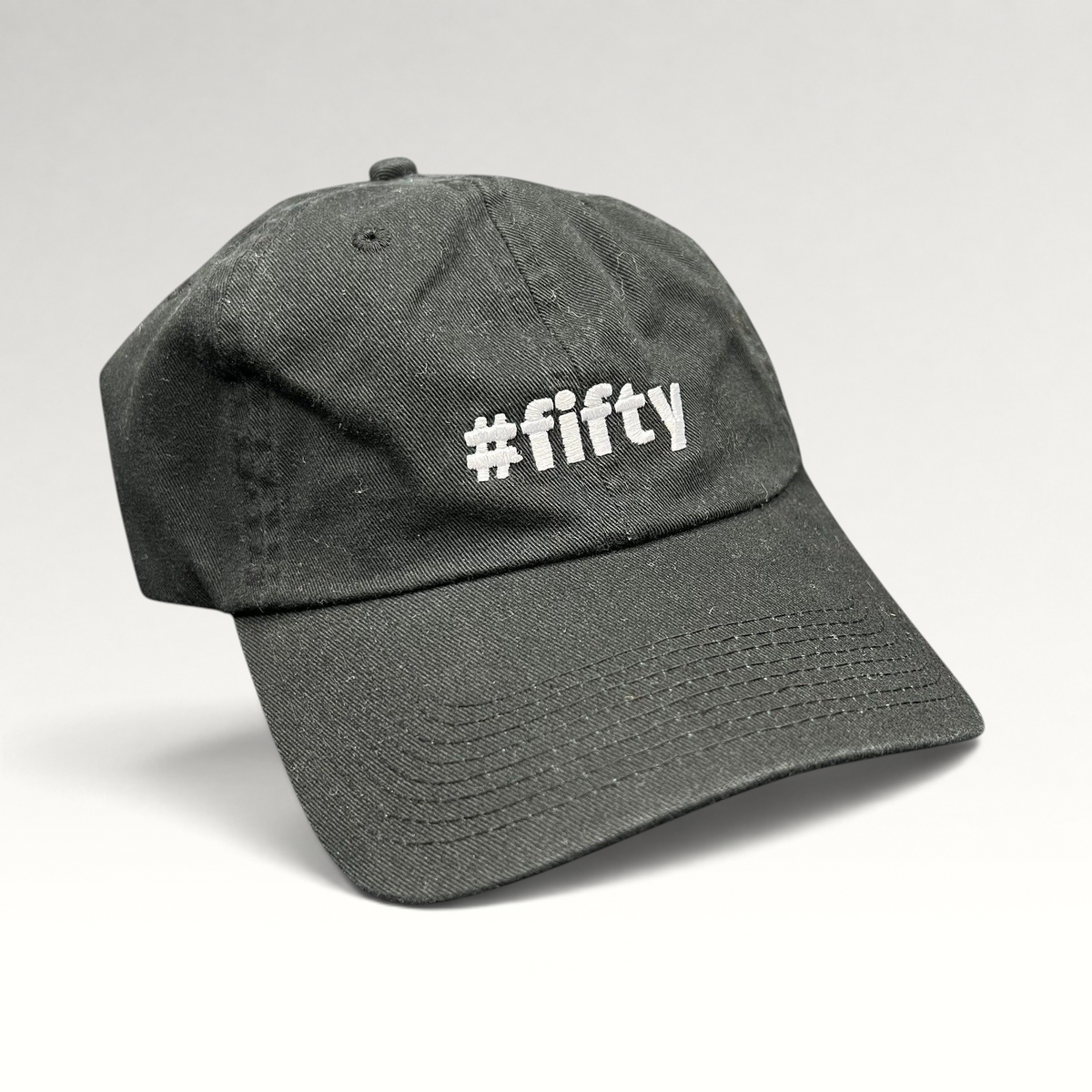 Raree Finds black cotton Aspen 2017 anniversary strapback hat with white #fifty embroidery on the front