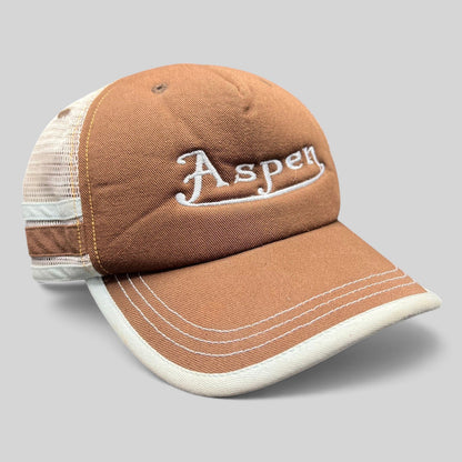 Raree Finds brown and white Aspen trucker hat with embroidered script, cotton front, and breathable mesh back.