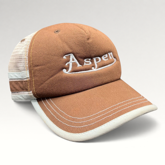 Raree Finds brown and white Aspen trucker hat with embroidered script, cotton front, and breathable mesh back.