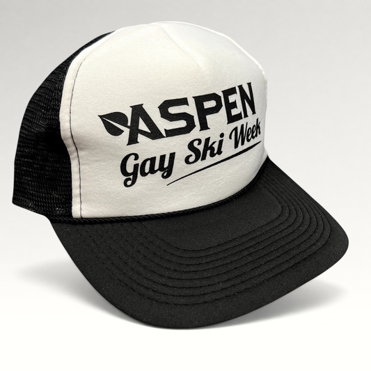 Raree Finds vintage Aspen Gay Ski Week Otto trucker hat with black script on white foam front and black mesh back.