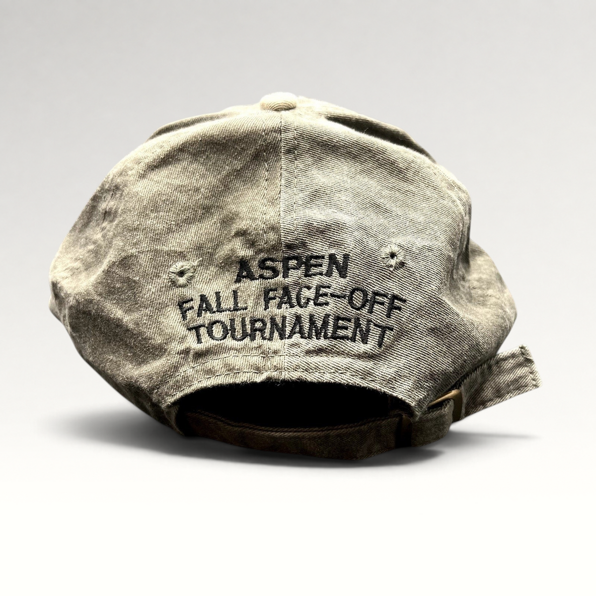 Raree Finds vintage olive gray strapback hat with Aspen Fall Face-Off Tournament embroidery on the back